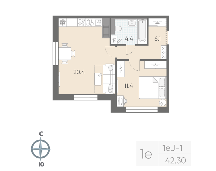 1-комнатная квартира, 42.3 м²; этаж: 8 - купить в Санкт-Петербурге