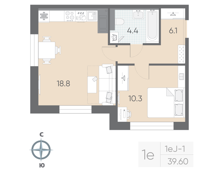 1-комнатная квартира, 39.6 м²; этаж: 10 - купить в Санкт-Петербурге