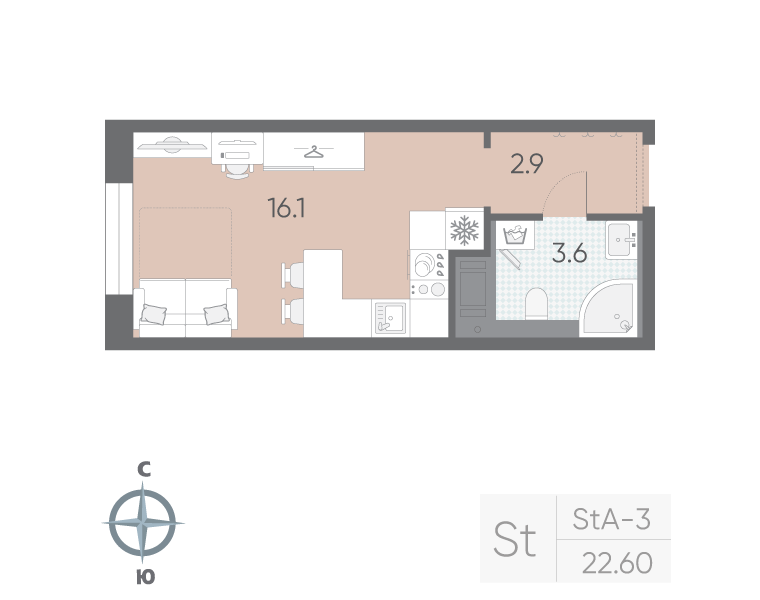 1-комнатная квартира №5 в: «Большая Охта»: 22.6 м²; этаж: 4 - купить в Санкт-Петербурге
