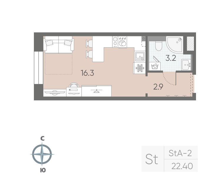 1-комнатная квартира №5 в: «Большая Охта»: 22.4 м²; этаж: 3 - купить в Санкт-Петербурге
