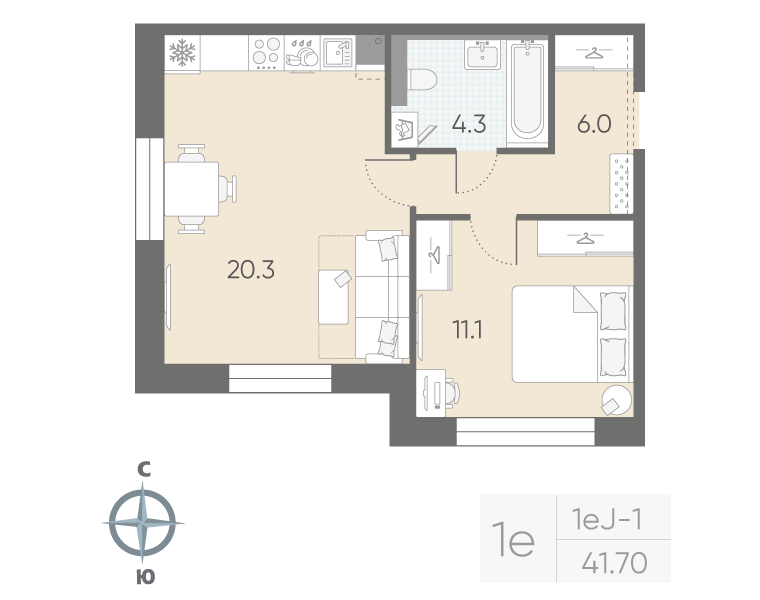 1-комнатная квартира, 41.7 м²; этаж: 3 - купить в Санкт-Петербурге