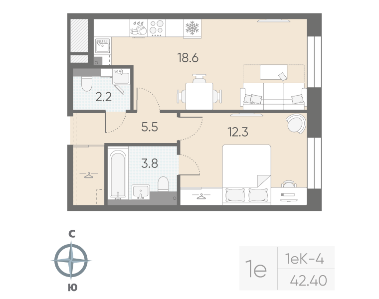 1-комнатная квартира, 42.4 м²; этаж: 3 - купить в Санкт-Петербурге