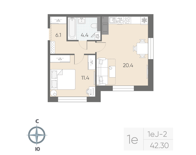 1-комнатная квартира, 42.3 м²; этаж: 11 - купить в Санкт-Петербурге