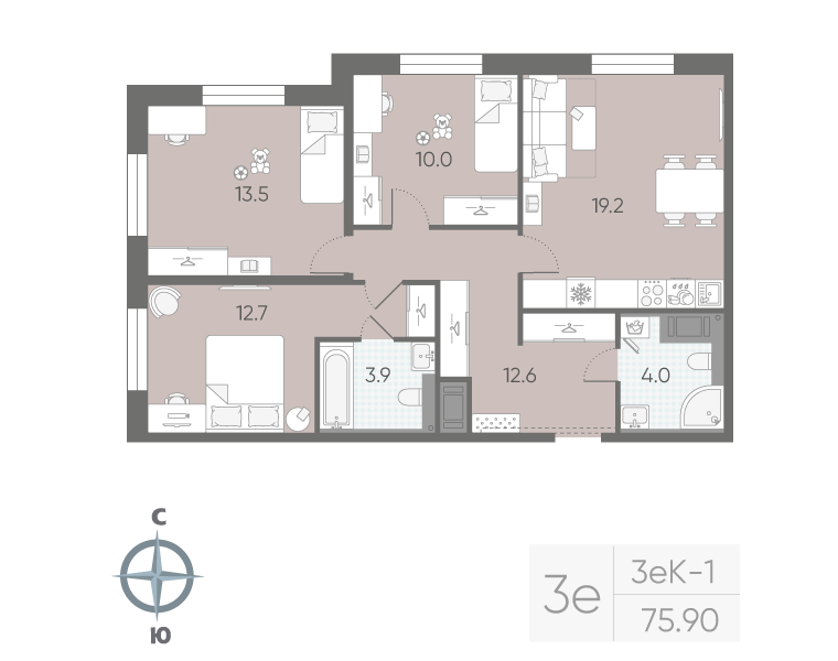 3-комнатная квартира №5 в: «Большая Охта»: 75.9 м²; этаж: 11 - купить в Санкт-Петербурге