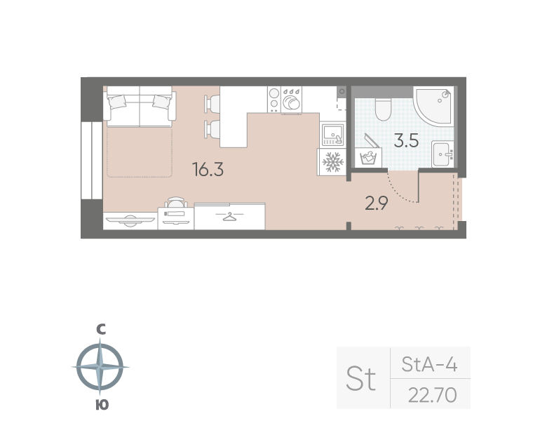 1-комнатная квартира №5 в: «Большая Охта»: 22.7 м²; этаж: 3 - купить в Санкт-Петербурге