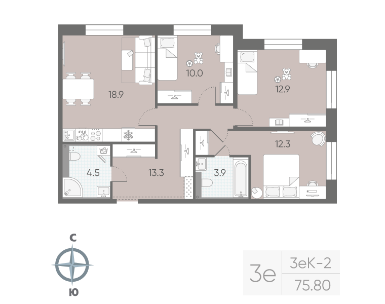 3-комнатная квартира, 75.8 м²; этаж: 3 - купить в Санкт-Петербурге