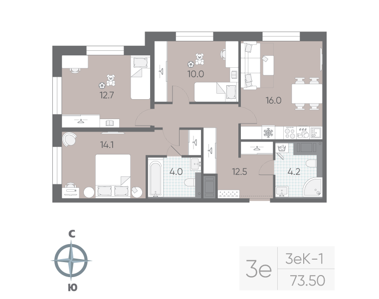 3-комнатная квартира, 73.5 м²; этаж: 10 - купить в Санкт-Петербурге