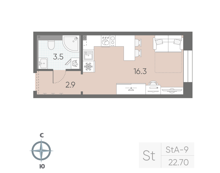1-комнатная квартира №5 в: «Большая Охта»: 22.7 м²; этаж: 3 - купить в Санкт-Петербурге