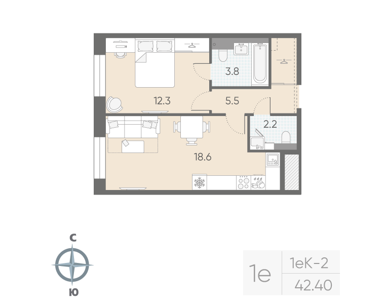 1-комнатная квартира, 42.4 м²; этаж: 3 - купить в Санкт-Петербурге