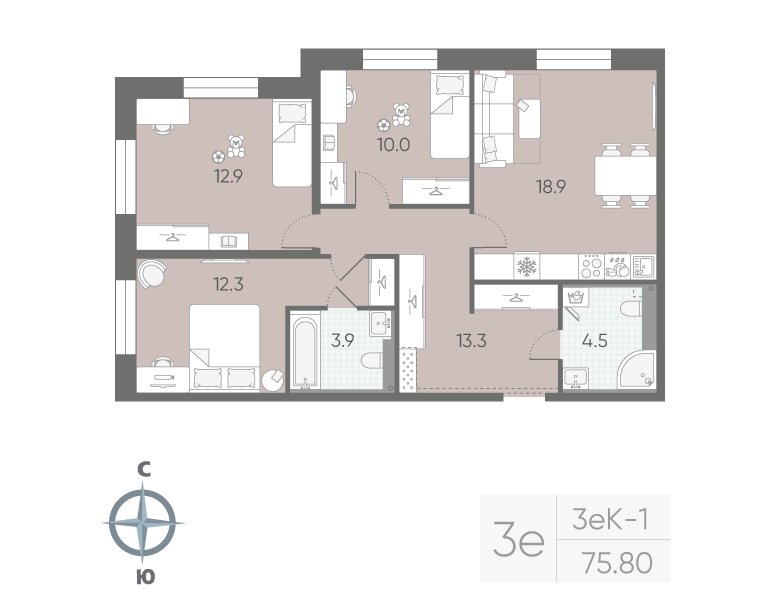 3-комнатная квартира, 75.8 м²; этаж: 3 - купить в Санкт-Петербурге