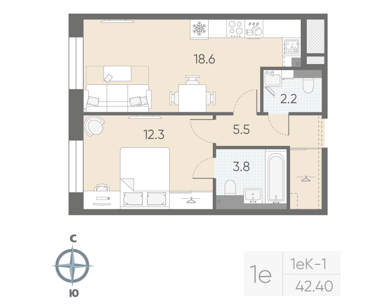 1-комнатная квартира, 42.4 м²; этаж: 3 - купить в Санкт-Петербурге