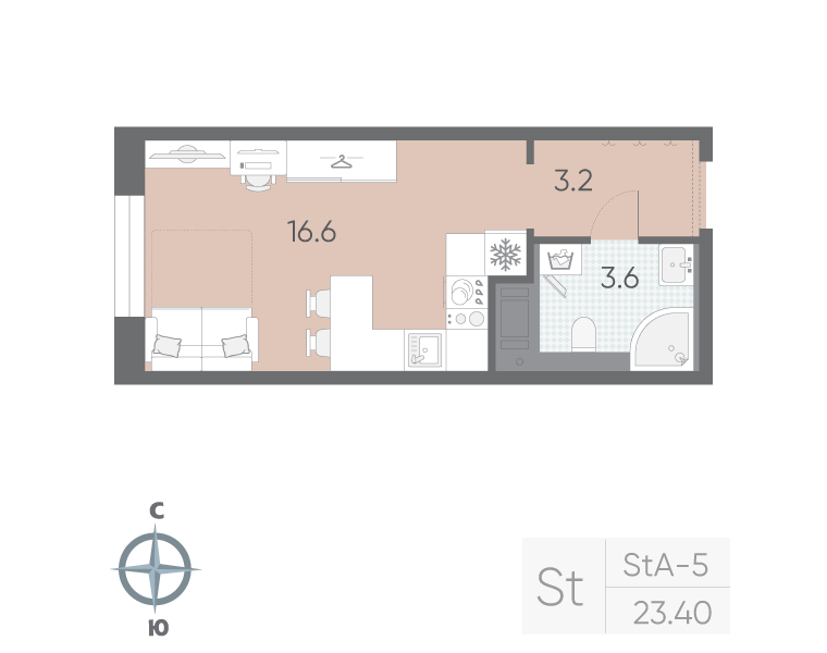 1-комнатная квартира №5 в: «Большая Охта»: 23.4 м²; этаж: 4 - купить в Санкт-Петербурге