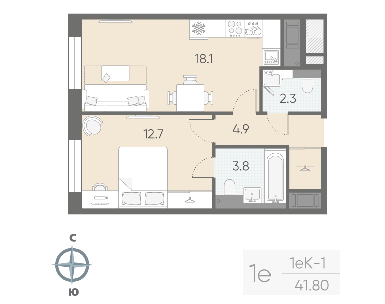 1-комнатная квартира, 41.8 м²; этаж: 11 - купить в Санкт-Петербурге
