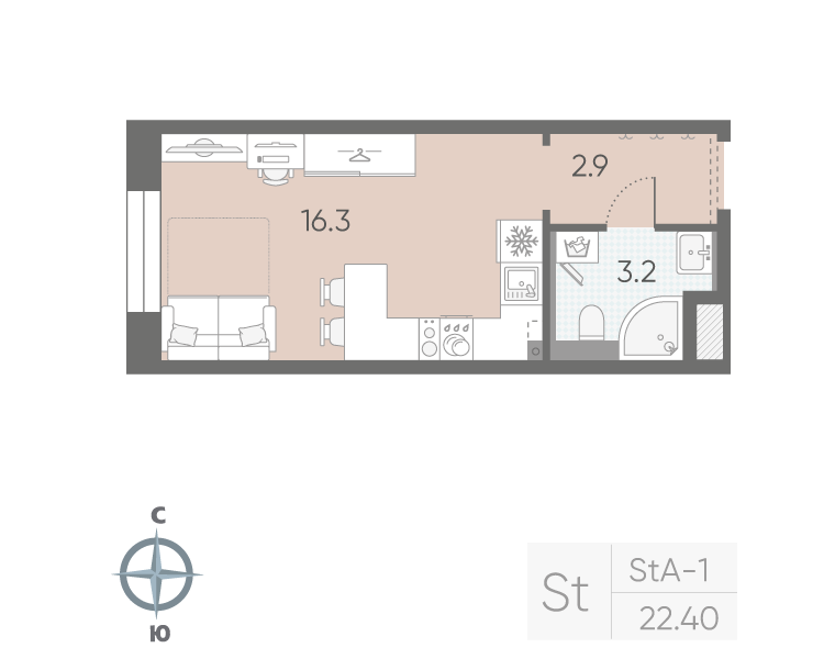 1-комнатная квартира №5 в: «Большая Охта»: 22.4 м²; этаж: 3 - купить в Санкт-Петербурге