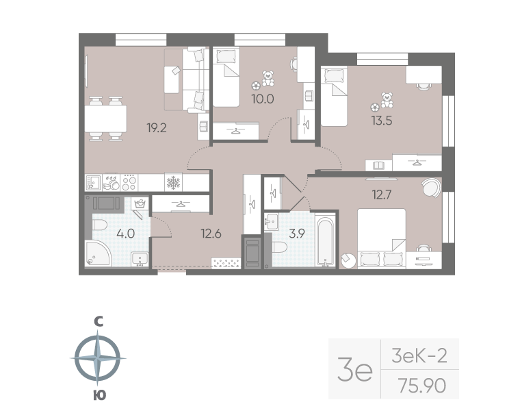 3-комнатная квартира №5 в: «Большая Охта»: 75.9 м²; этаж: 11 - купить в Санкт-Петербурге