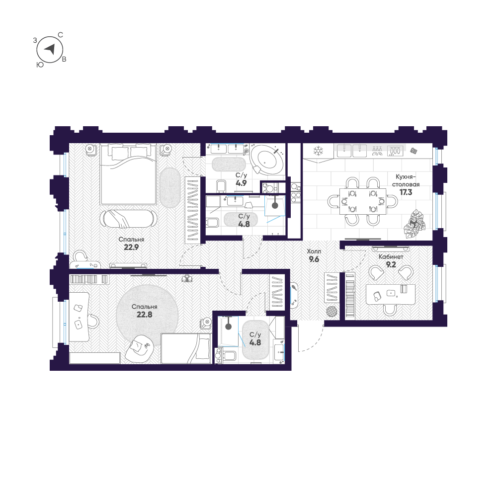 3-комнатная квартира  №78 в Мариинка Deluxe: 96.3 м², этаж 6 - купить в Санкт-Петербурге
