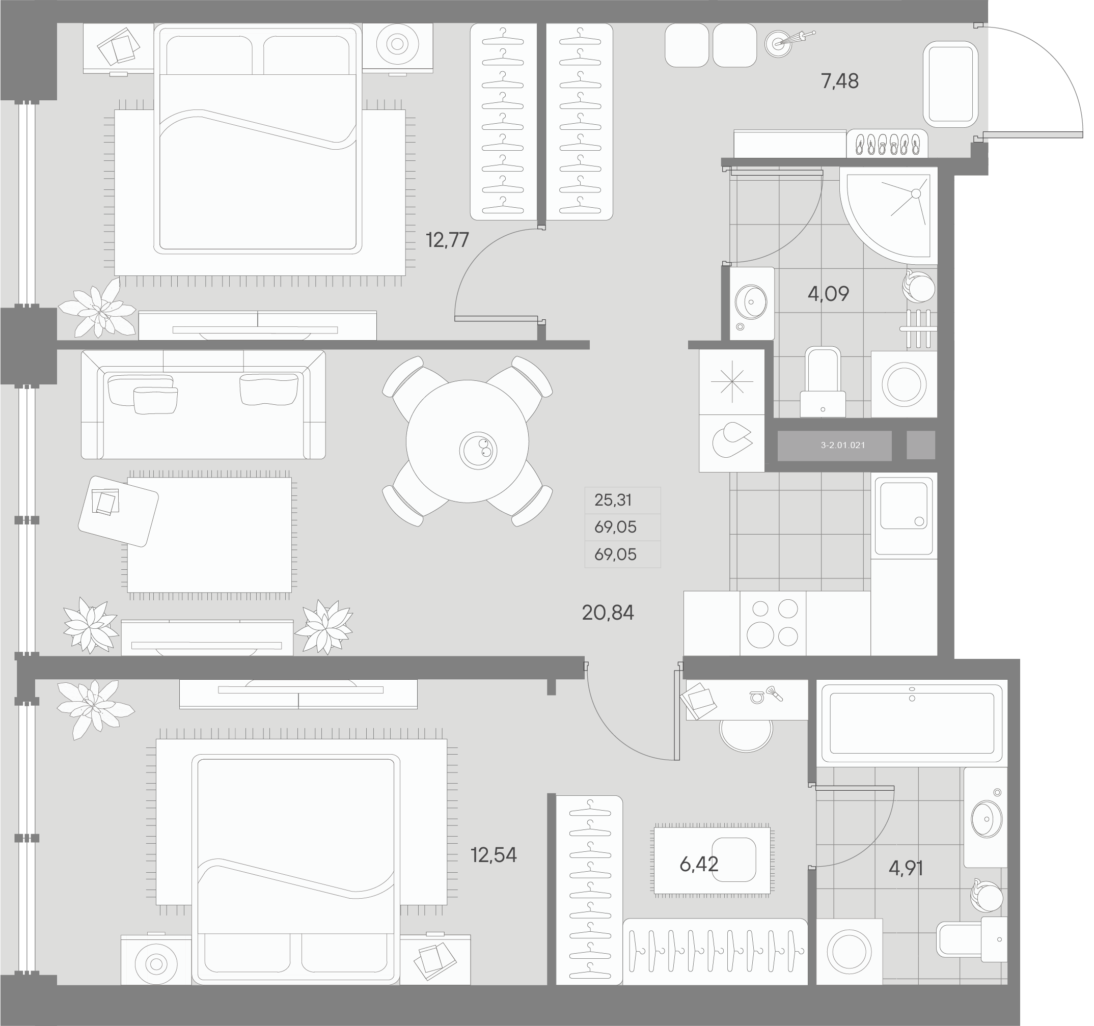 2-комнатная квартира  №21 в Avant: 69.07 м², этаж 1 - купить в Санкт-Петербурге