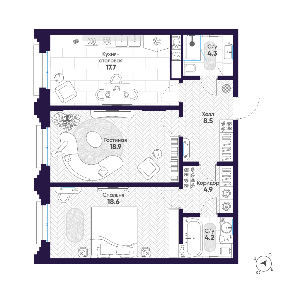 2-комнатная квартира  №82 в Мариинка Deluxe: 77.1 м², этаж 7 - купить в Санкт-Петербурге