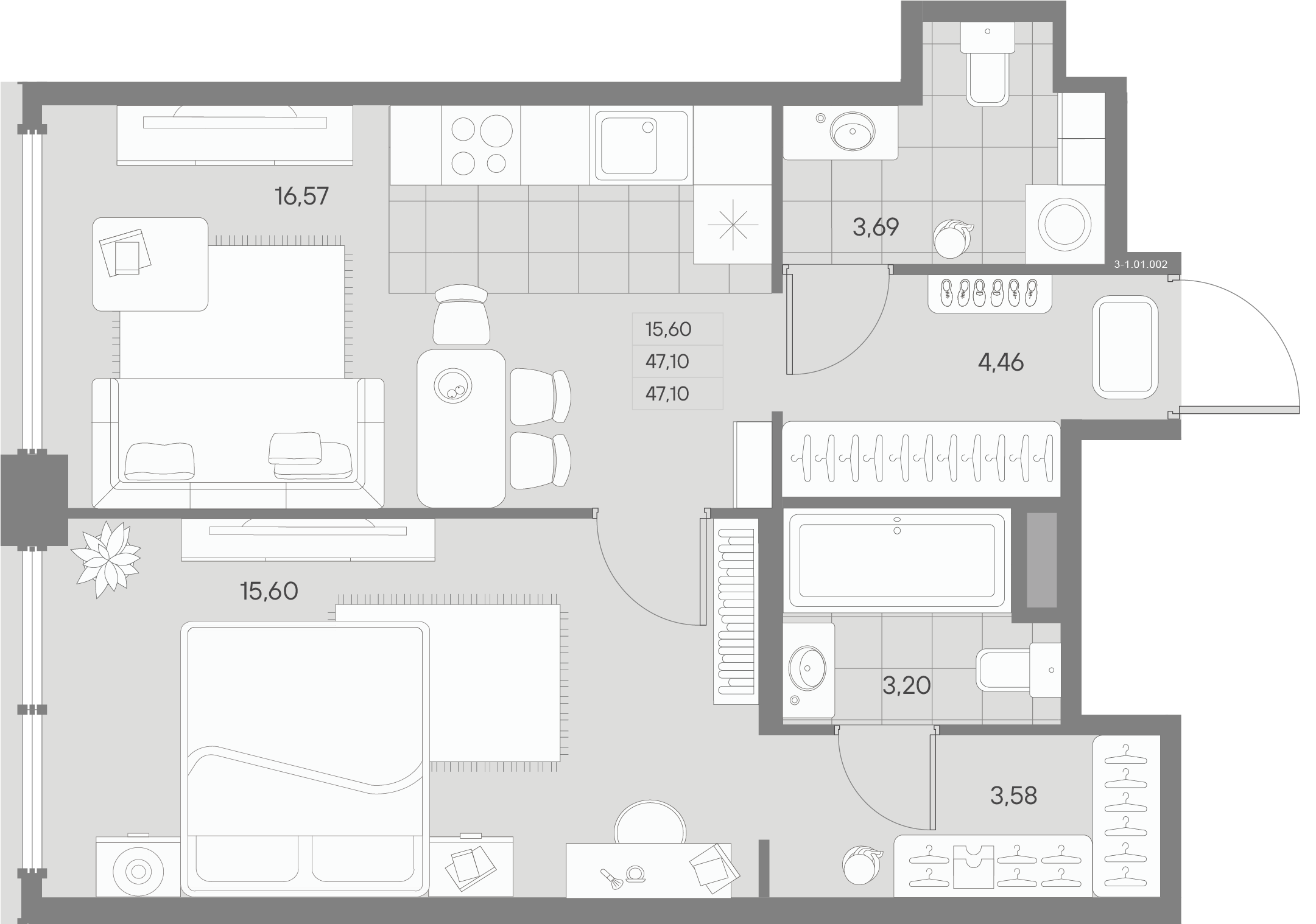 1-комнатная квартира  №2 в Avant: 46.42 м², этаж 1 - купить в Санкт-Петербурге