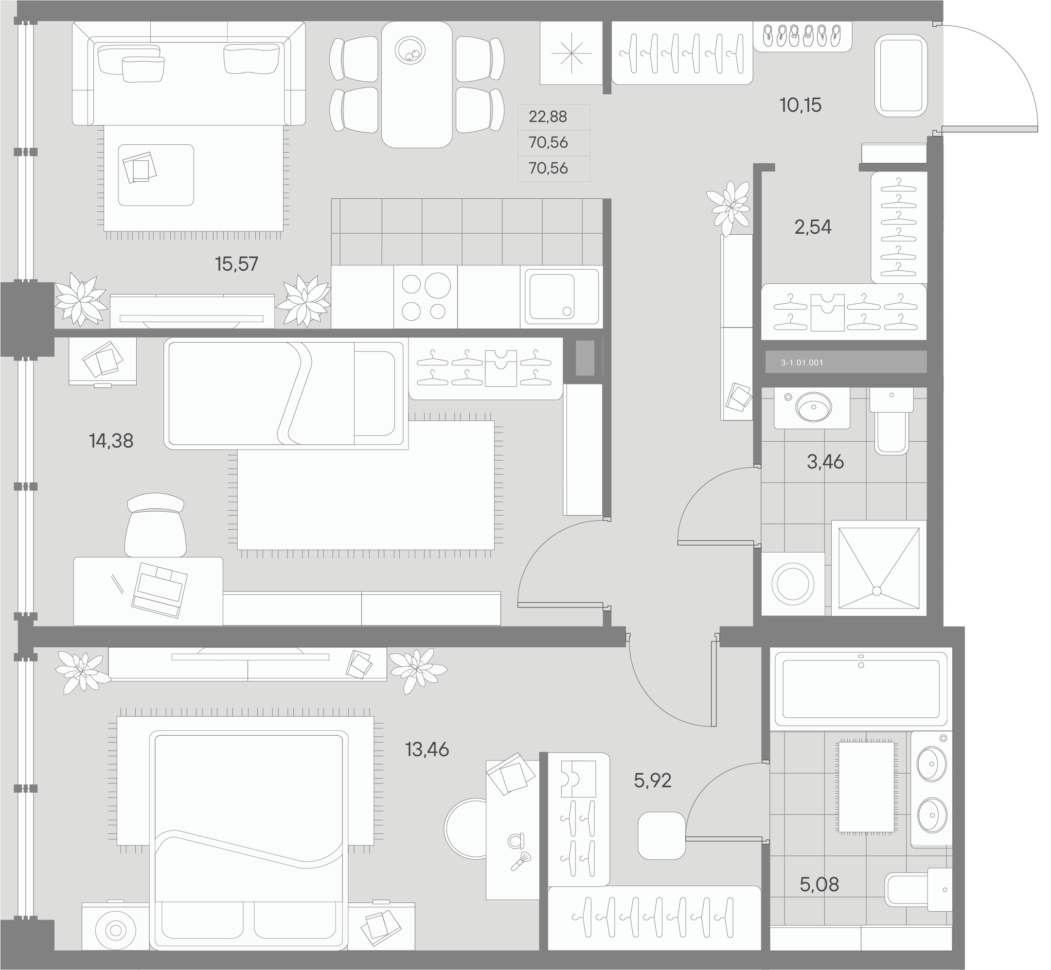 2-комнатная квартира  №1 в Avant: 70.59 м², этаж 1 - купить в Санкт-Петербурге