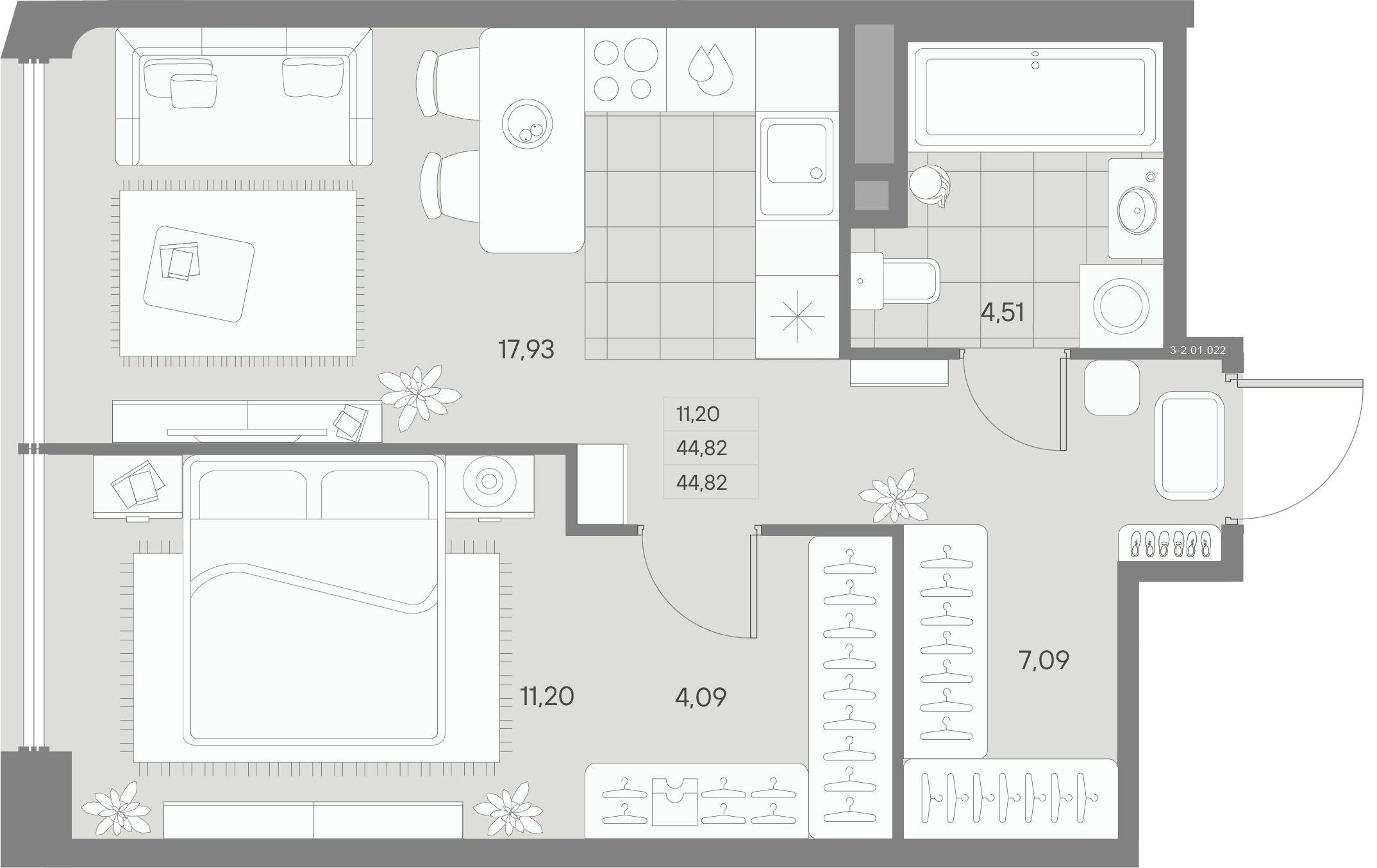 1-комнатная квартира  №22 в Avant: 44.81 м², этаж 1 - купить в Санкт-Петербурге