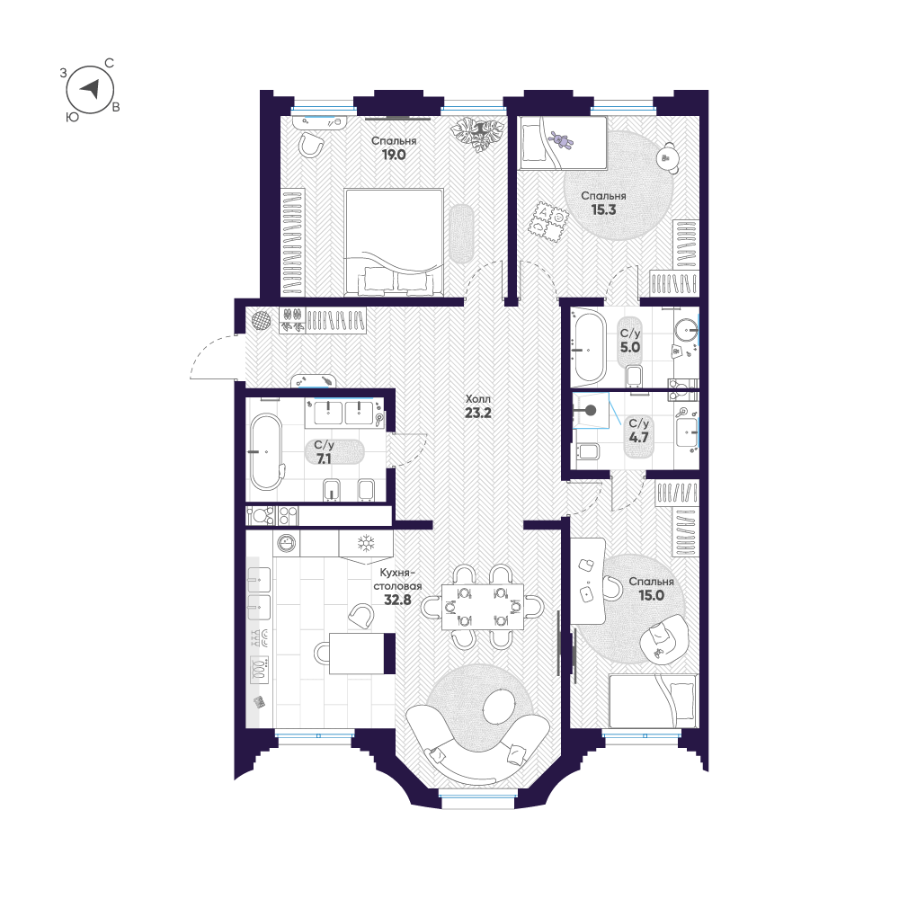 3-комнатная квартира  №67 в Мариинка Deluxe: 122.1 м², этаж 5 - купить в Санкт-Петербурге