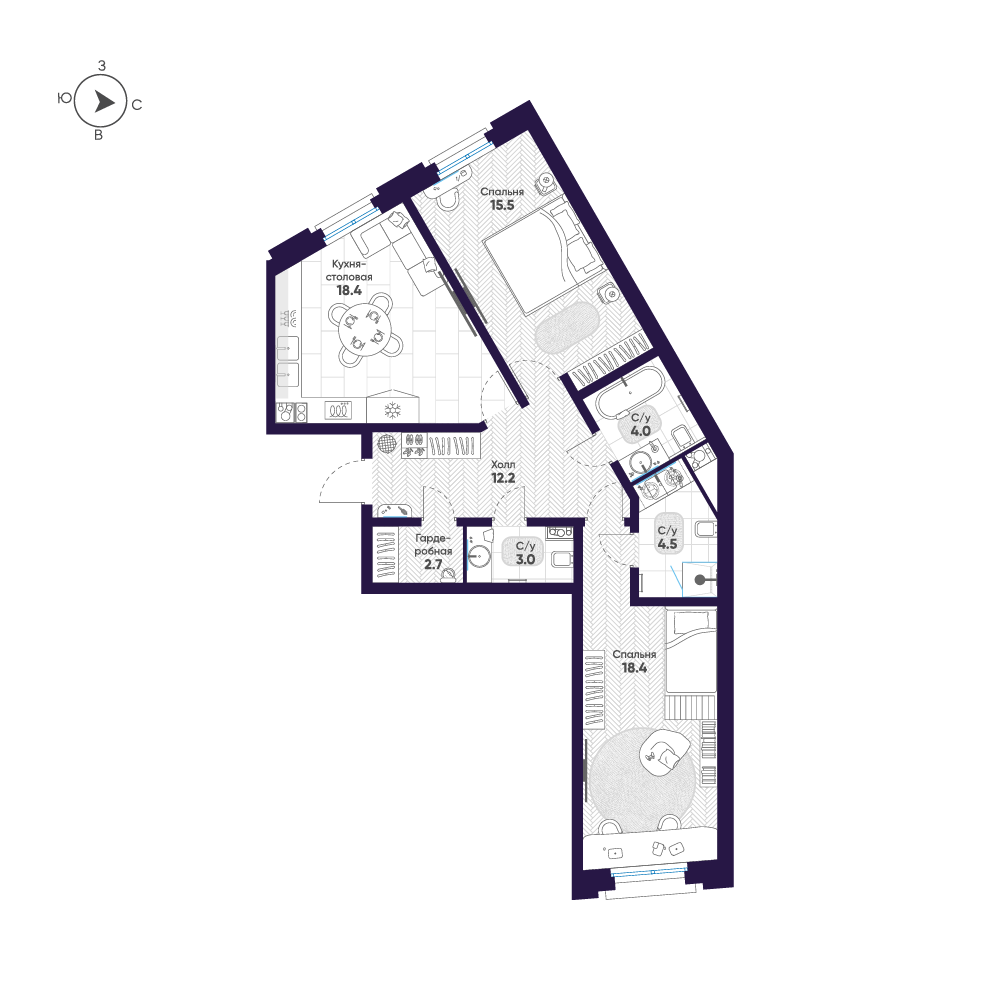 2-комнатная квартира  №10 в Мариинка Deluxe: 78.7 м², этаж 3 - купить в Санкт-Петербурге