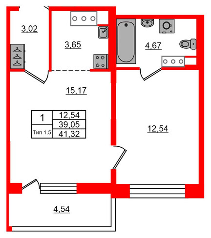 1-комнатная квартира, 39.05 м²; этаж: 13 - купить в Санкт-Петербурге