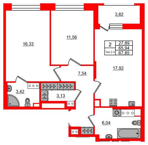 2-комнатная квартира, 65.94 м²; этаж: 10 - купить в Санкт-Петербурге