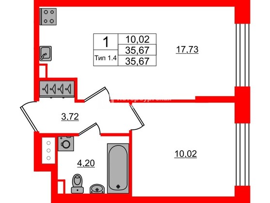 1-комнатная квартира, 35.67 м²; этаж: 4 - купить в Санкт-Петербурге