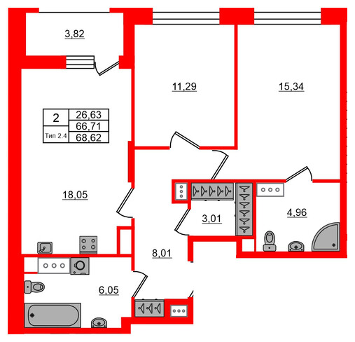 2-комнатная квартира, 66.71 м²; этаж: 12 - купить в Санкт-Петербурге