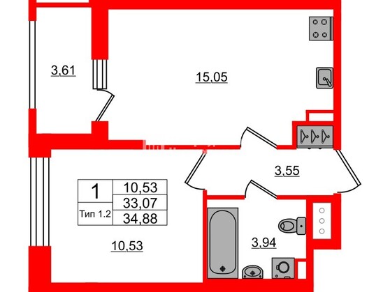 1-комнатная квартира, 33.07 м²; этаж: 5 - купить в Санкт-Петербурге