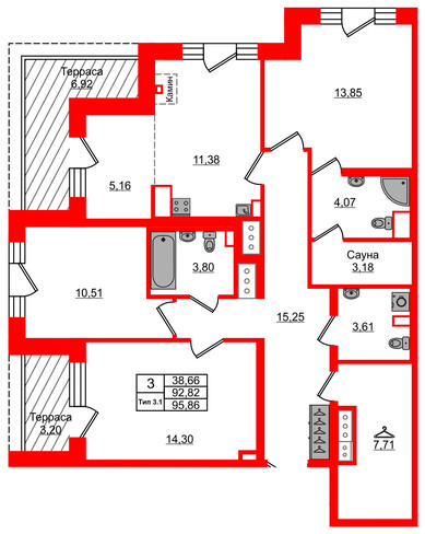3-комнатная квартира № в: Setl Ривьера: 92.82 м²; этаж: 12 - купить в Санкт-Петербурге