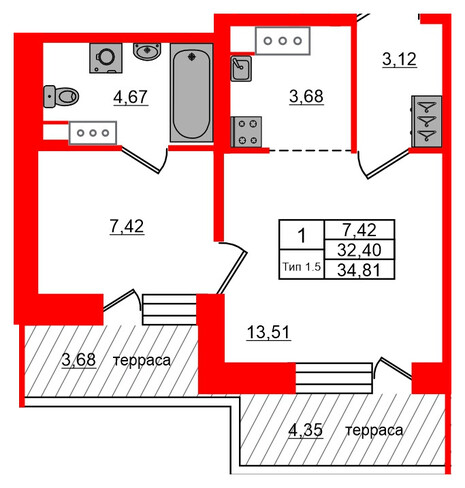 1-комнатная квартира, 32.4 м²; этаж: 17 - купить в Санкт-Петербурге