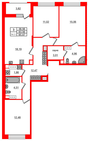 3-комнатная квартира № в: Setl Ривьера: 83.56 м²; этаж: 6 - купить в Санкт-Петербурге
