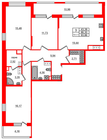 3-комнатная квартира № в: Setl Ривьера: 86.3 м²; этаж: 5 - купить в Санкт-Петербурге