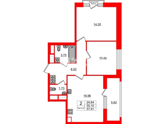 2-комнатная квартира, 55.1 м²; этаж: 10 - купить в Санкт-Петербурге
