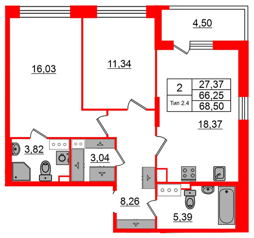2-комнатная квартира, 66.25 м²; этаж: 10 - купить в Санкт-Петербурге
