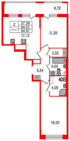 2-комнатная квартира, 60.07 м²; этаж: 8 - купить в Санкт-Петербурге