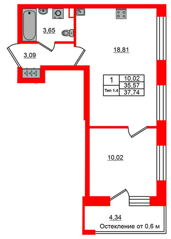 1-комнатная квартира, 35.57 м²; этаж: 1 - купить в Санкт-Петербурге