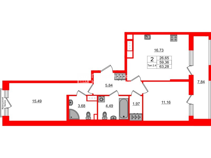 2-комнатная квартира, 59.36 м²; этаж: 5 - купить в Санкт-Петербурге
