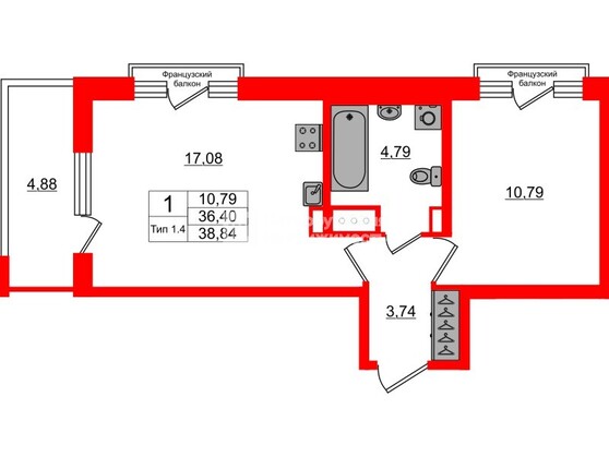 1-комнатная квартира, 36.4 м²; этаж: 3 - купить в Санкт-Петербурге