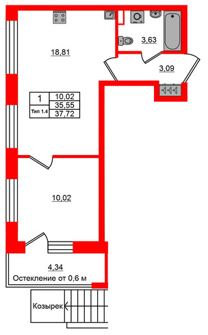 1-комнатная квартира № в: Setl Ривьера: 35.55 м²; этаж: 1 - купить в Санкт-Петербурге