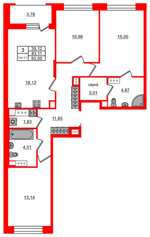 3-комнатная квартира № в: Setl Ривьера: 83.11 м²; этаж: 4 - купить в Санкт-Петербурге