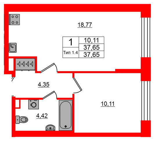 1-комнатная квартира, 37.65 м²; этаж: 1 - купить в Санкт-Петербурге