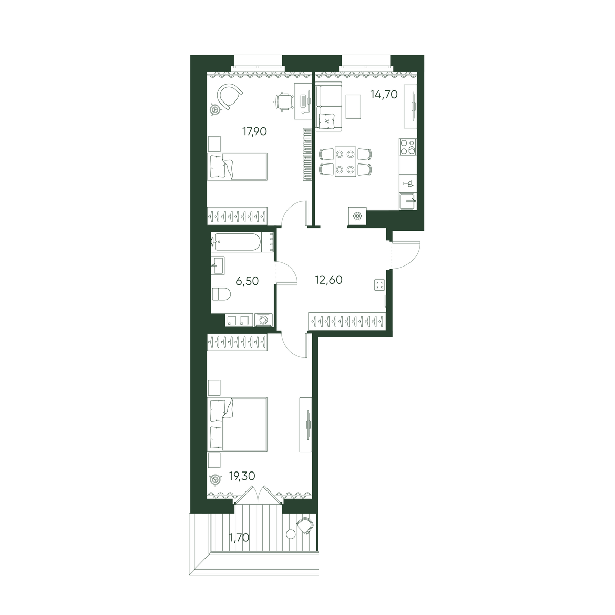 2-комнатная квартира  №131 в Моисеенко, 10: 72.7 м², этаж 10 - купить в Санкт-Петербурге