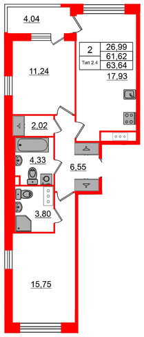 2-комнатная квартира, 61.62 м²; этаж: 11 - купить в Санкт-Петербурге