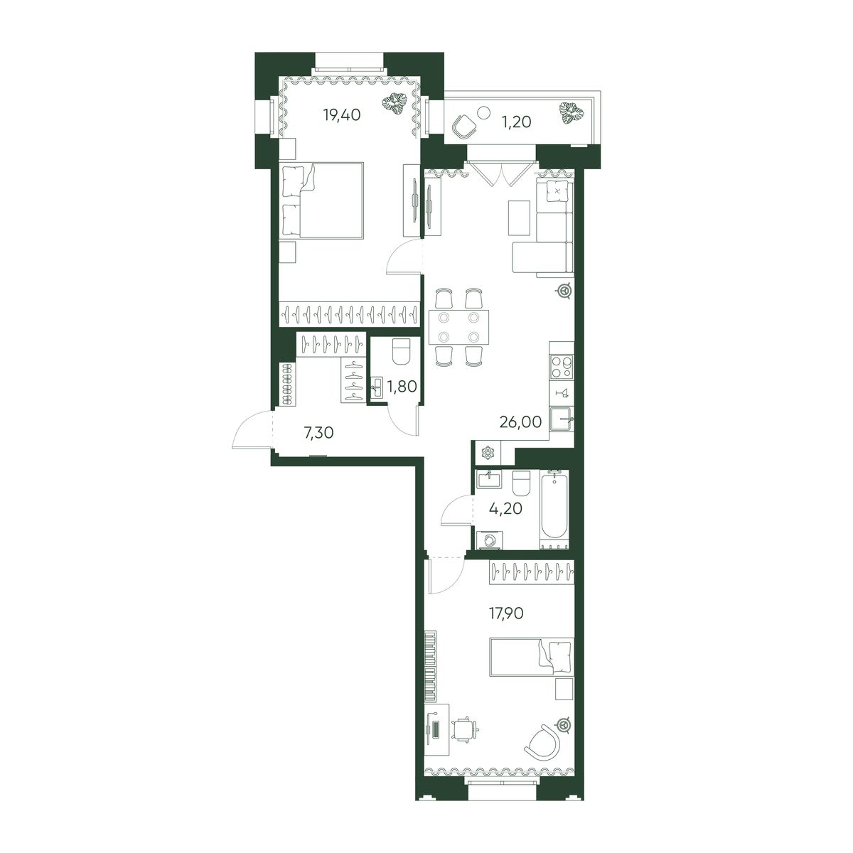 2-комнатная квартира  №46 в Моисеенко, 10: 77.8 м², этаж 6 - купить в Санкт-Петербурге