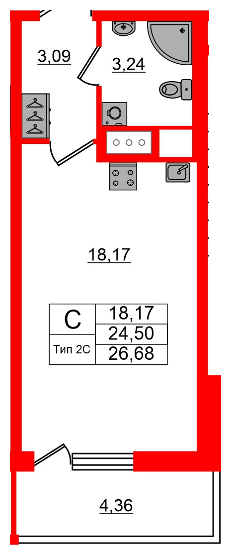 1-комнатная квартира, 24.5 м²; этаж: 12 - купить в Санкт-Петербурге