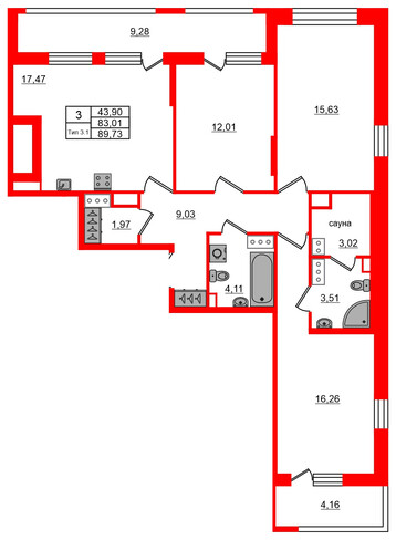 3-комнатная квартира № в: Setl Ривьера: 83.01 м²; этаж: 12 - купить в Санкт-Петербурге